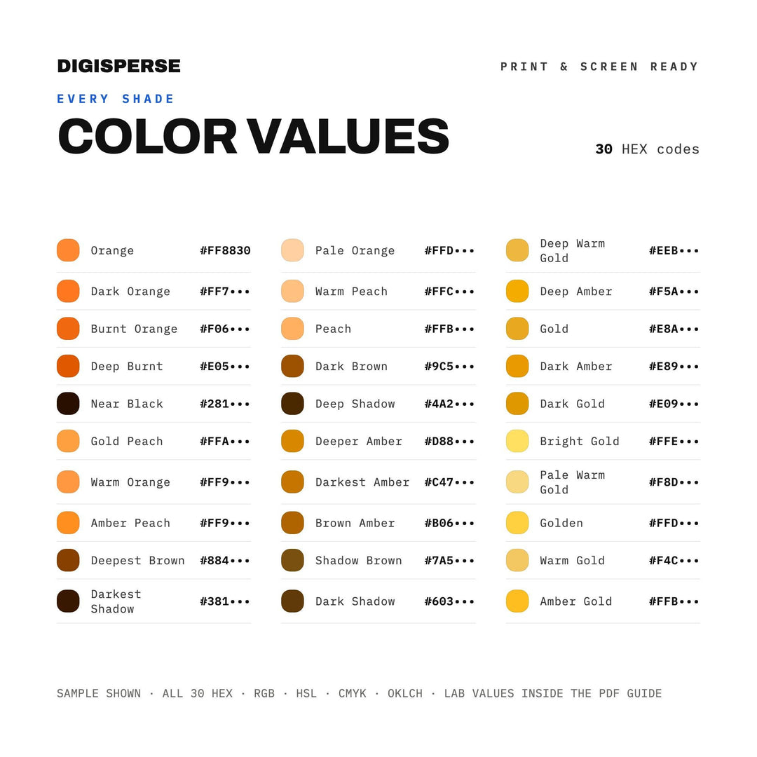 Golden Hour Color Palette | 30 Procreate Swatches, HEX, RGB, CMYK (Digital Download)