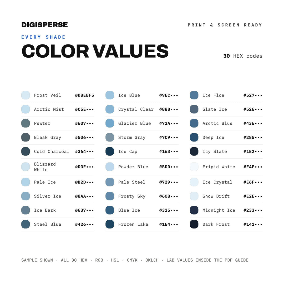 Ice Storm Color Palette | 30 Procreate Swatches, HEX, RGB, CMYK (Digital Download)
