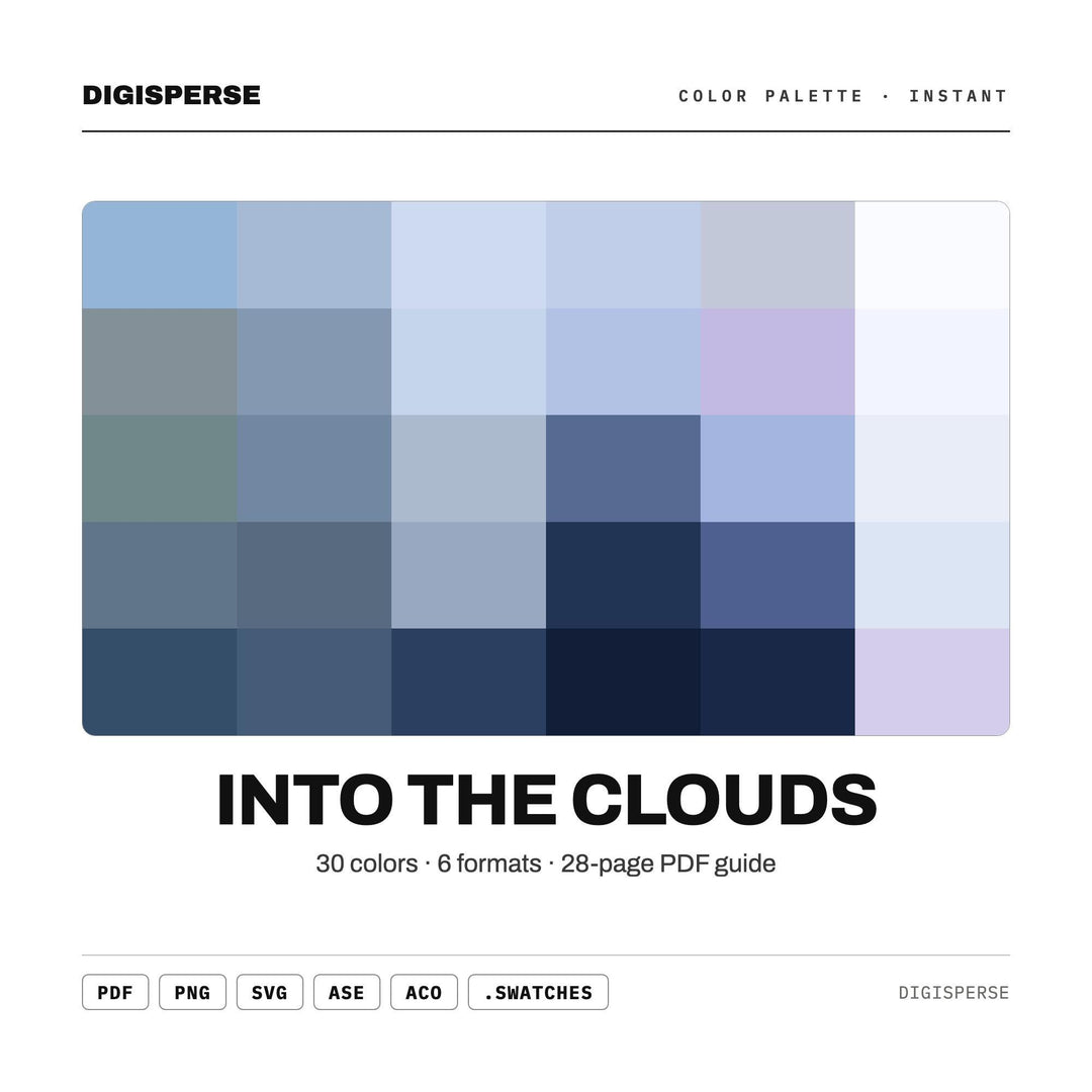 Into The Clouds Color Palette | 30 Colors | Hex RGB CMYK | Color Guide | Procreate Swatches + ASE | Digital Download