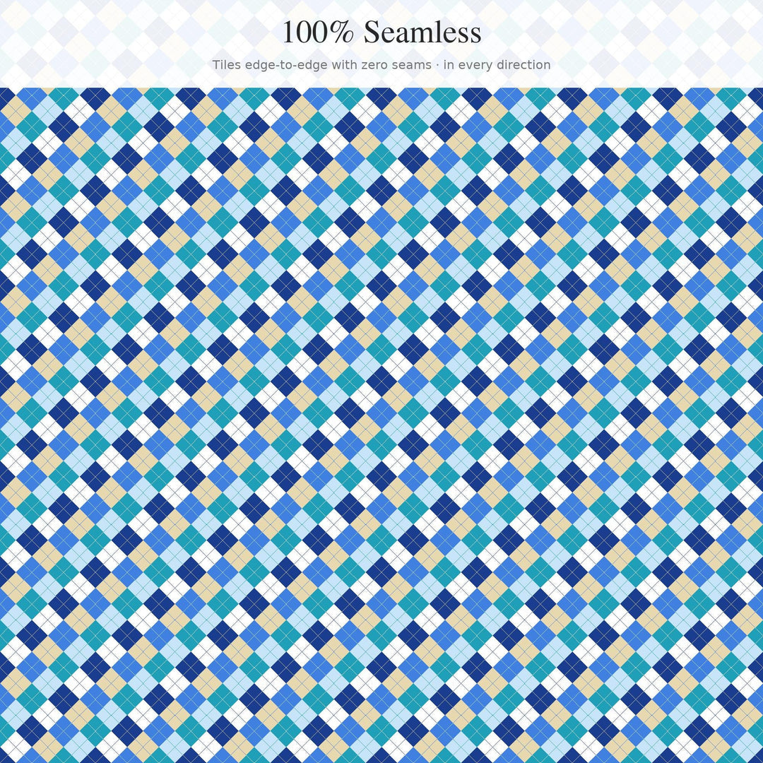 Aegean Blue Argyle Digital Paper for Coastal Craft Projects, Seamless Greek Diamond Check for Fabric and Scrapbooking