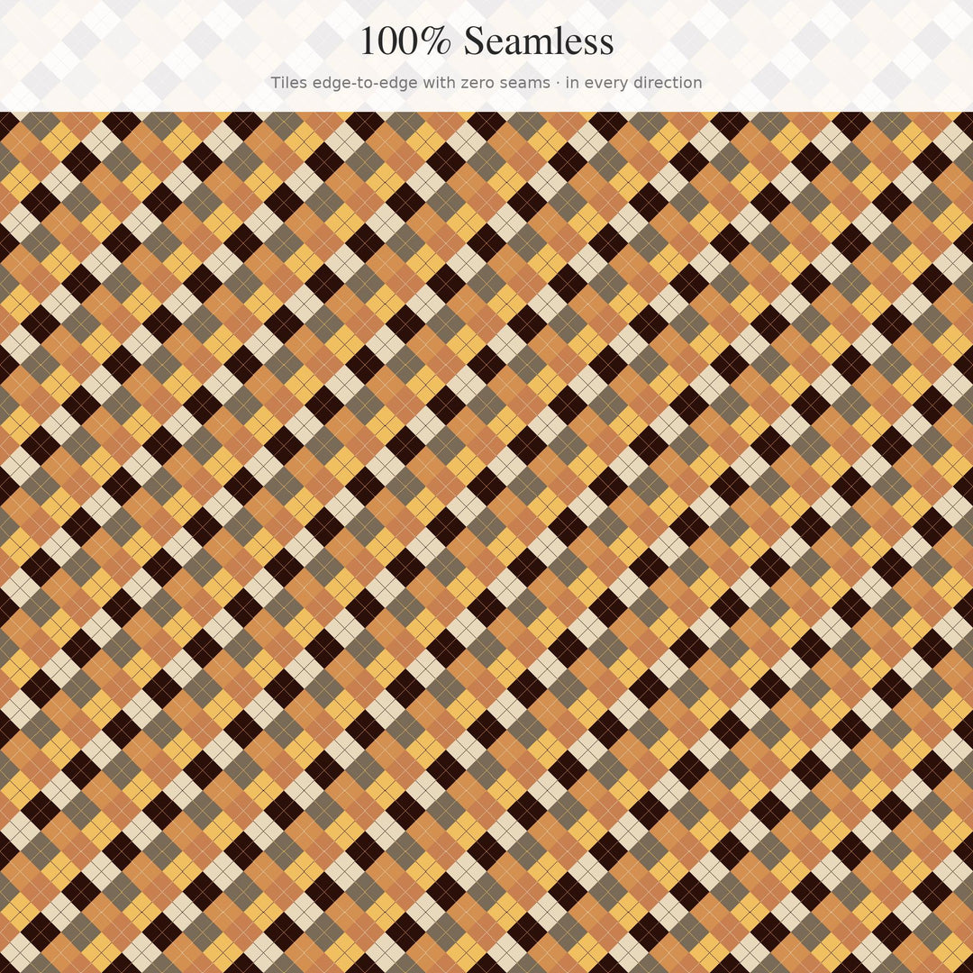 Aged Whiskey Argyle Digital Paper for Rustic Fall Crafts, Seamless Amber Brown Diamond Check for Fabric and Masculine Decor