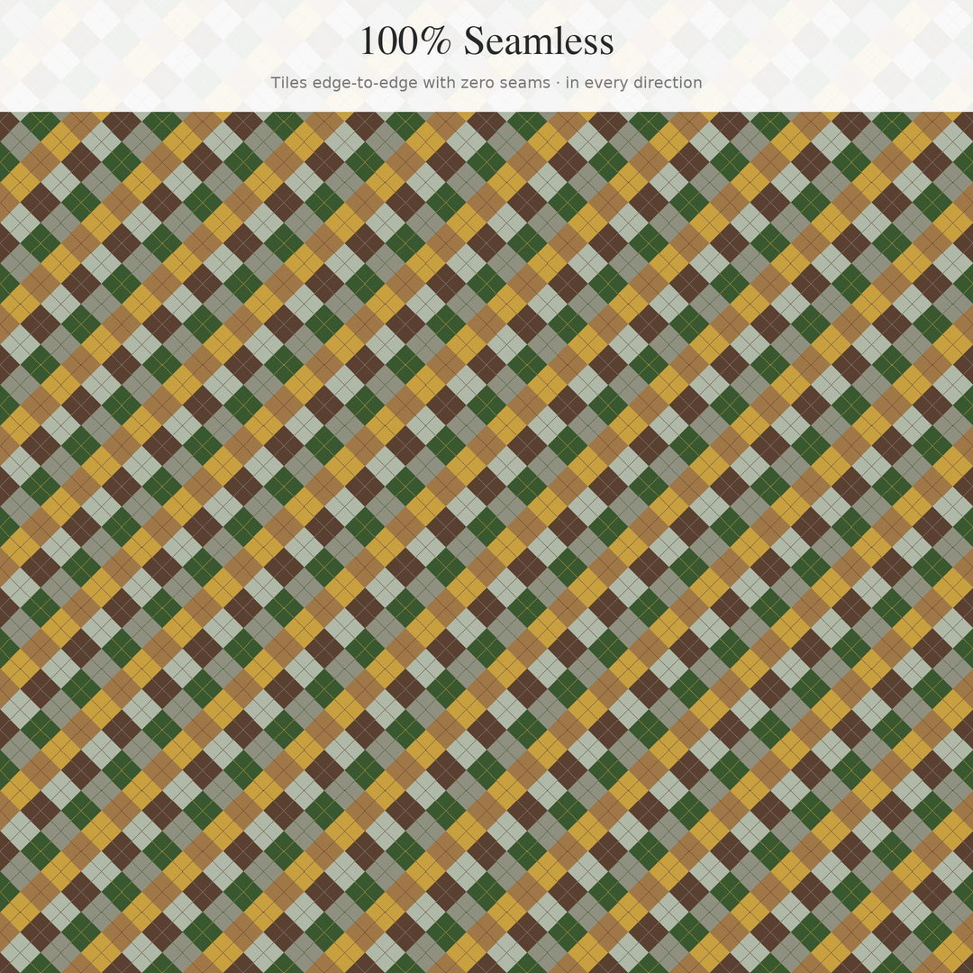 Ancient Forest Argyle Digital Paper for Woodland Craft Projects, Seamless Green Diamond Lattice for Fabric Printing and Scrapbooking