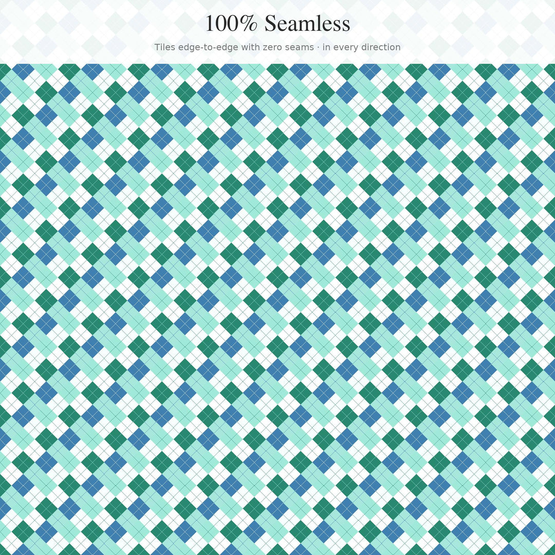 Aquamarine Argyle Digital Paper for Coastal Craft Projects, Seamless Teal Diamond Check for Fabric Printing and Scrapbooking