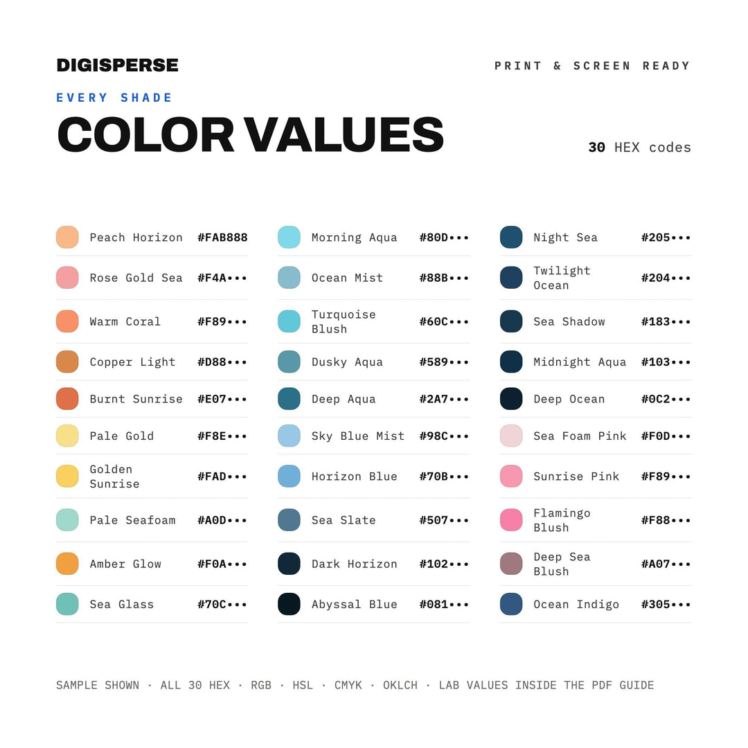 Sunrise Over Sea Color Palette | 30 Procreate Swatches, HEX, RGB, CMYK (Digital Download)