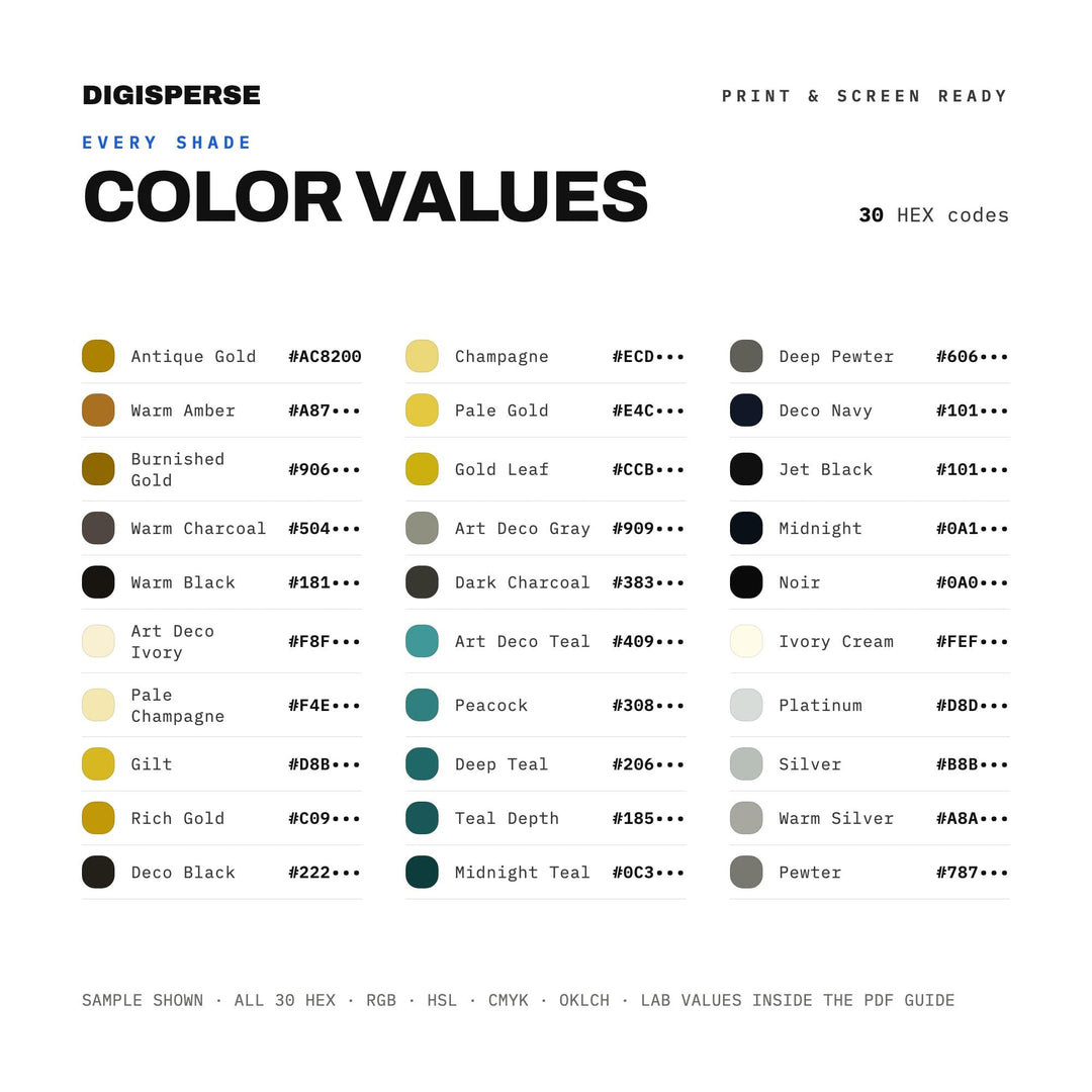 Art Deco Gold Color Palette | 30 Procreate Swatches, ASE, RGB, CMYK (Digital Download)