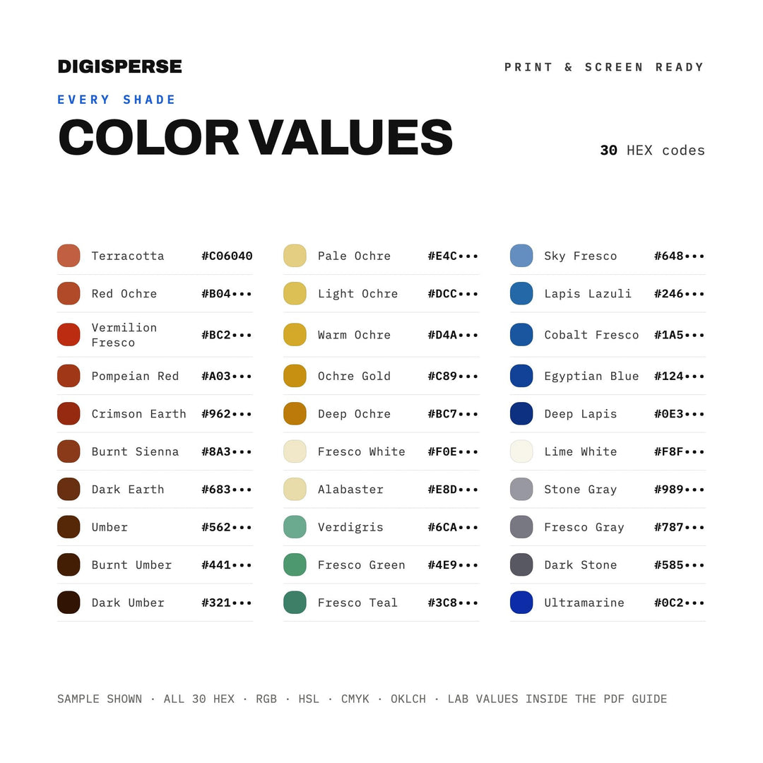 Classical Fresco Color Palette | 30 Renaissance Colors | Procreate, ASE (Digital Download)