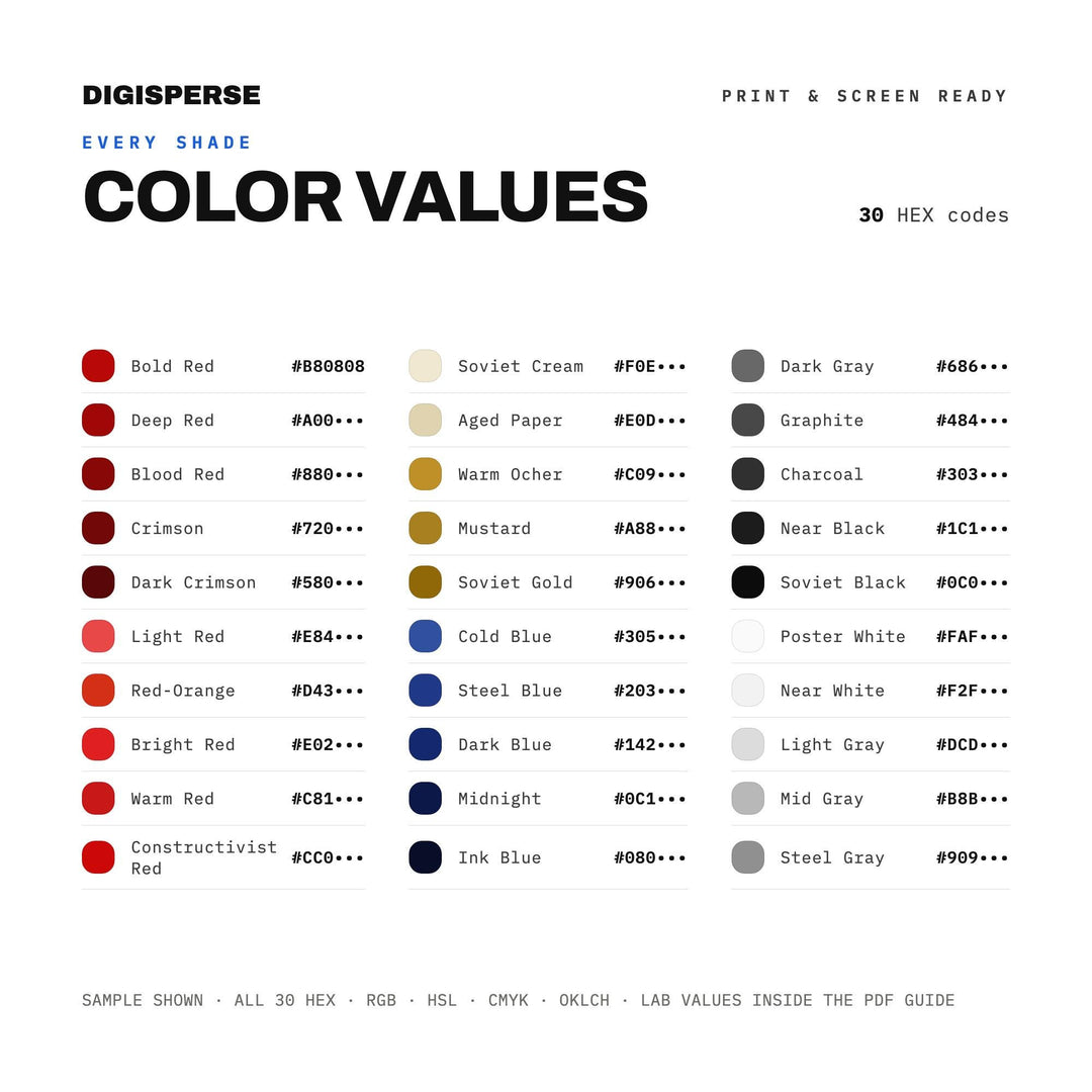 Bold Red Color Palette for Soviet Poster Art and Graphic Design Branding, 30 Constructivist Hues, Procreate Swatches, Hex Codes
