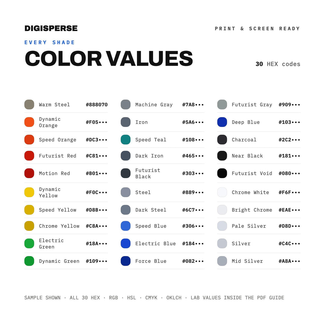 Dynamic Speed Color Palette for Modern Machine Art and Bold Tech Branding, 30 Futurist Motion Hues, Procreate Swatches, Hex Codes