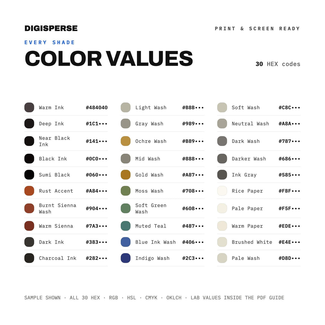 Ink Wash Color Palette | 30 Procreate Swatches, HEX RGB CMYK Guide (Digital Download)