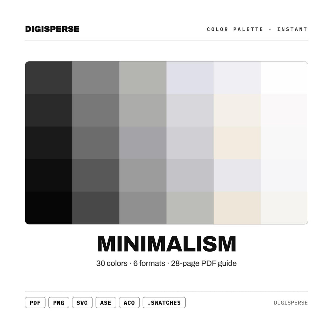 Minimalism Color Palette | 30 Colors | Hex RGB CMYK | Color Guide | Procreate Swatches + ASE | Digital Download