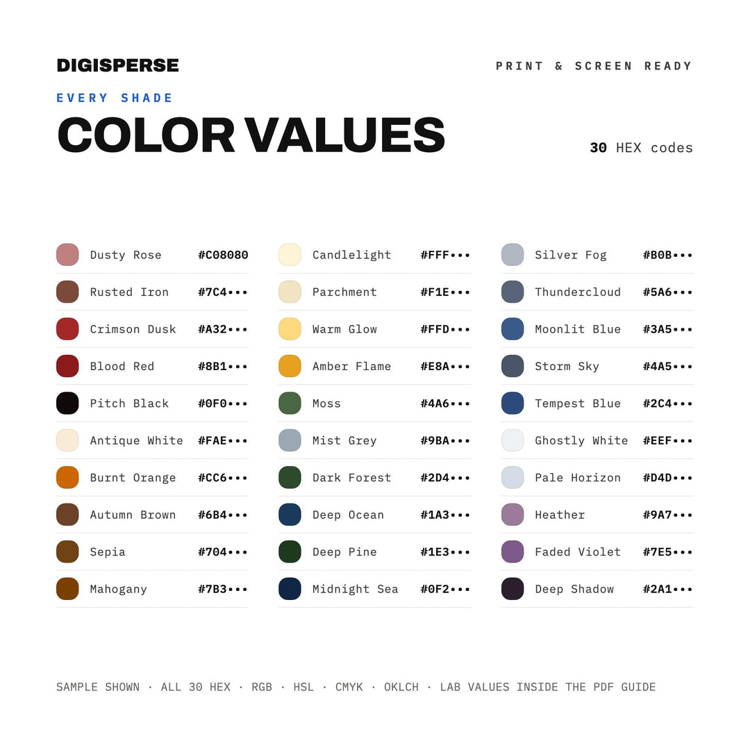 Dreamy Sublime Color Palette for Classical Landscape Art and Elegant Branding, 30 Romantic Era Hues, Procreate Swatches, Hex Codes