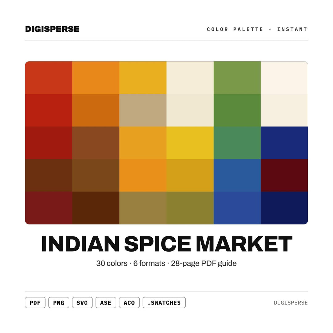 Indian Spice Market Color Palette | 30 Warm Tones, HEX, RGB, CMYK (Digital Download)