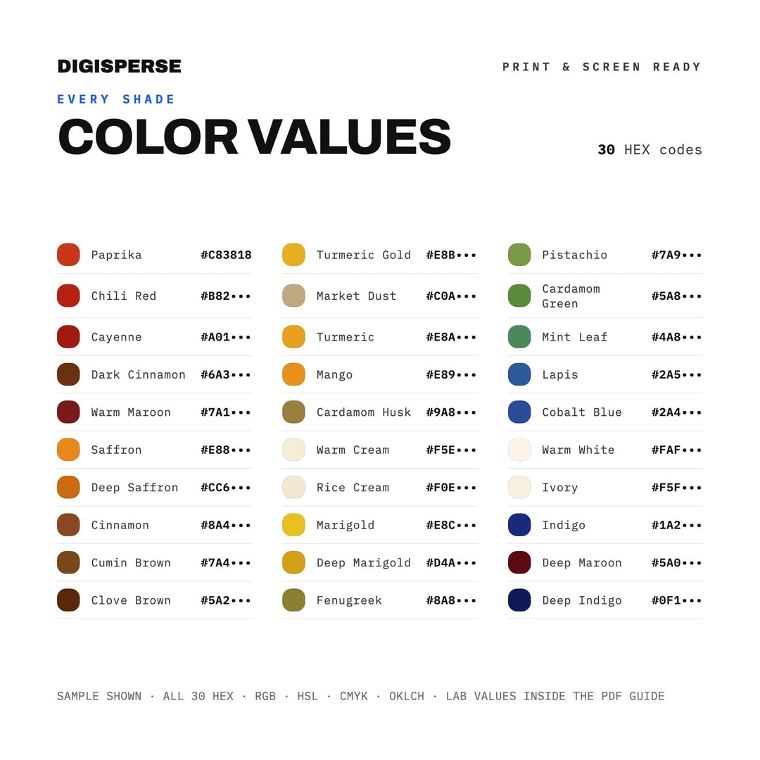 Indian Spice Market Color Palette | 30 Warm Tones, HEX, RGB, CMYK (Digital Download)