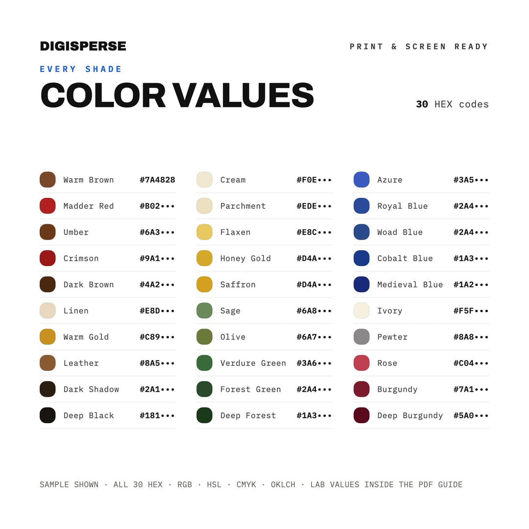 Medieval Tapestry Color Palette | 30 Colors | Hex RGB CMYK | Color Guide | Procreate Swatches + ASE | Digital Download