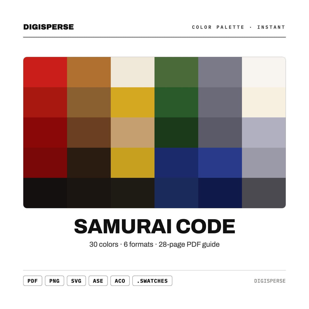 Samurai Code Color Palette | 30 Colors | Hex RGB CMYK | Color Guide | Procreate Swatches + ASE | Digital Download