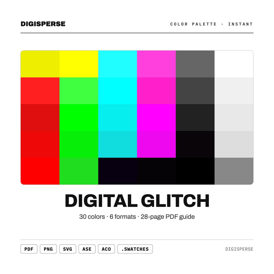 Digital Glitch Color Palette | 30 Colors | Hex RGB CMYK | Color Guide | Procreate Swatches + ASE | Digital Download