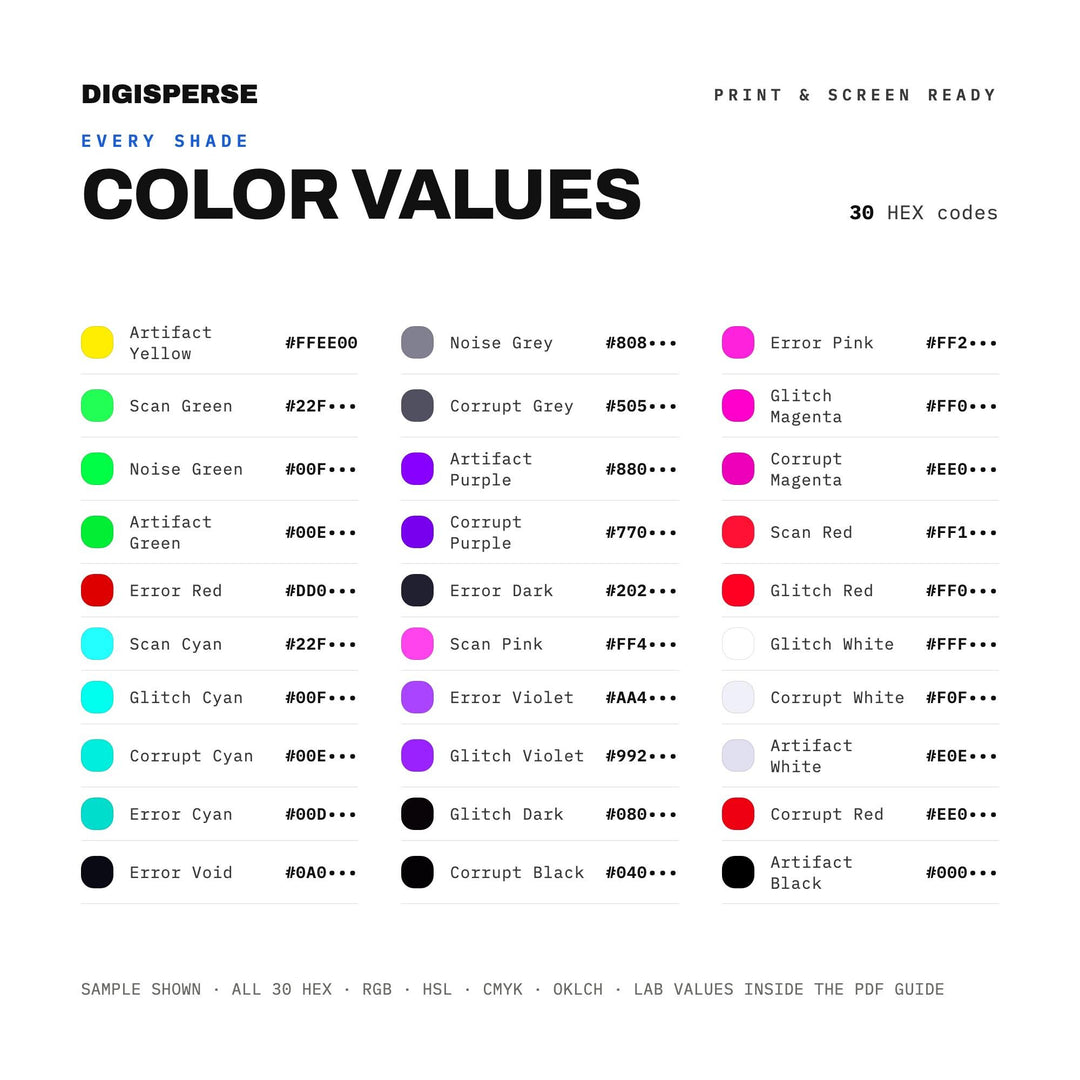 Glitch Art Color Palette | 30 Colors | Hex RGB CMYK | Color Guide | Procreate Swatches + ASE | Digital Download