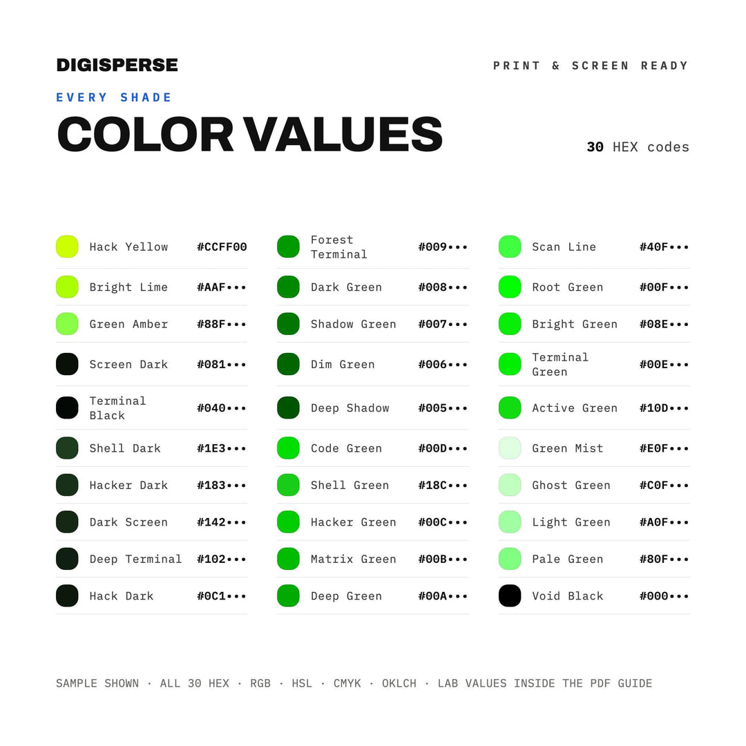 Hacker Green Color Palette | 30 Hex Procreate Swatches, ASE, PDF Guide (Digital Download)