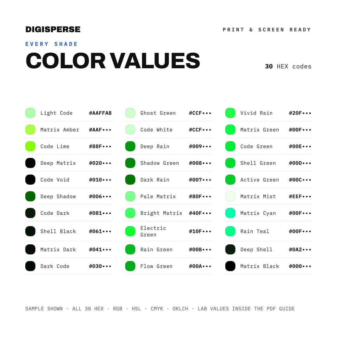 Matrix Green Color Palette | 30 Colors | Hex RGB CMYK | Color Guide | Procreate Swatches + ASE | Digital Download