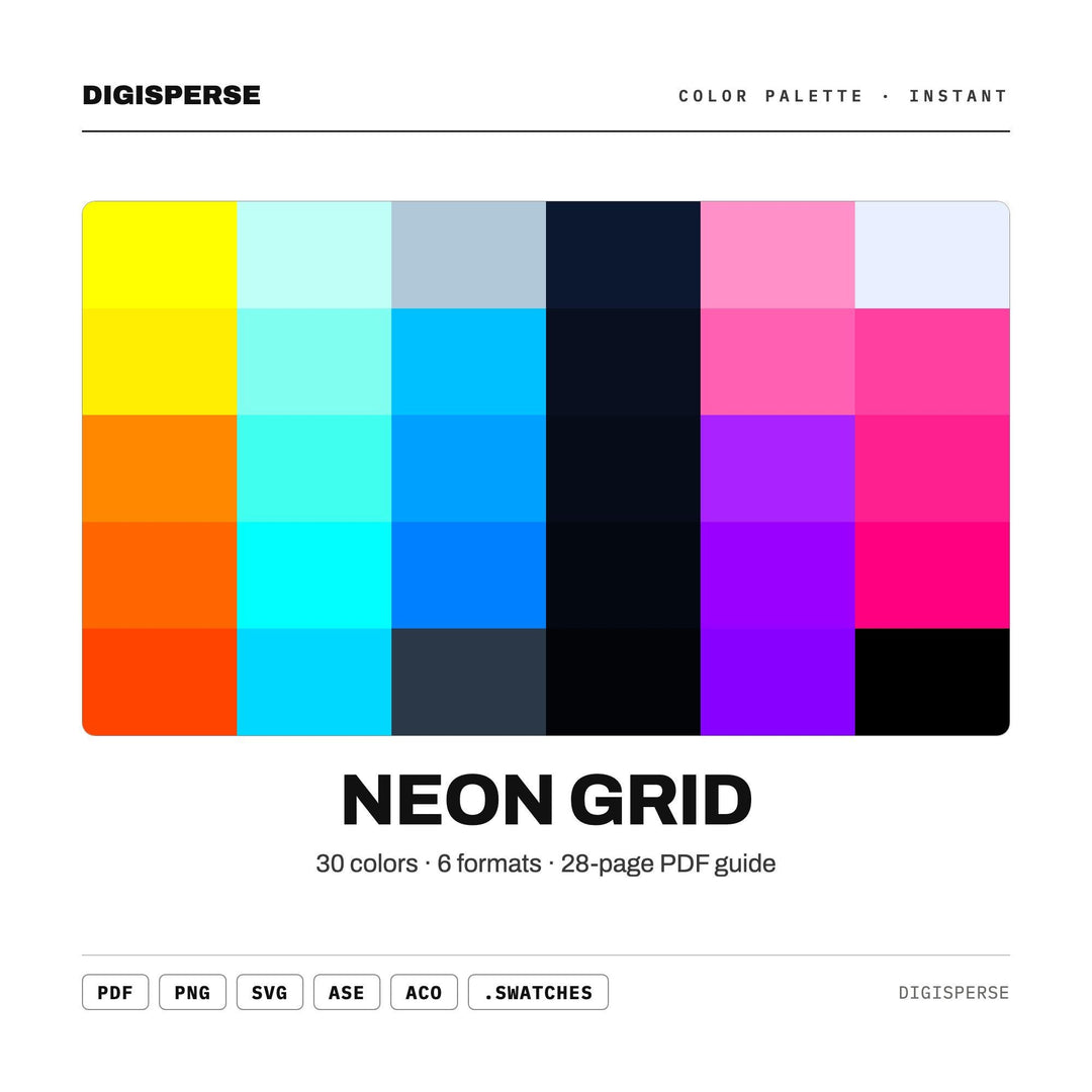 Neon Grid Color Palette | 30 Colors | Hex RGB CMYK | Color Guide | Procreate Swatches + ASE | Digital Download