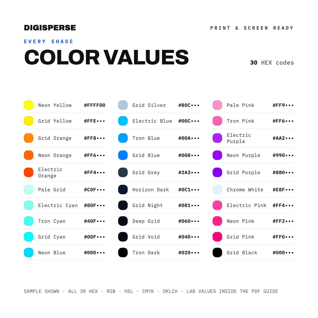 Neon Grid Color Palette | 30 Colors | Hex RGB CMYK | Color Guide | Procreate Swatches + ASE | Digital Download