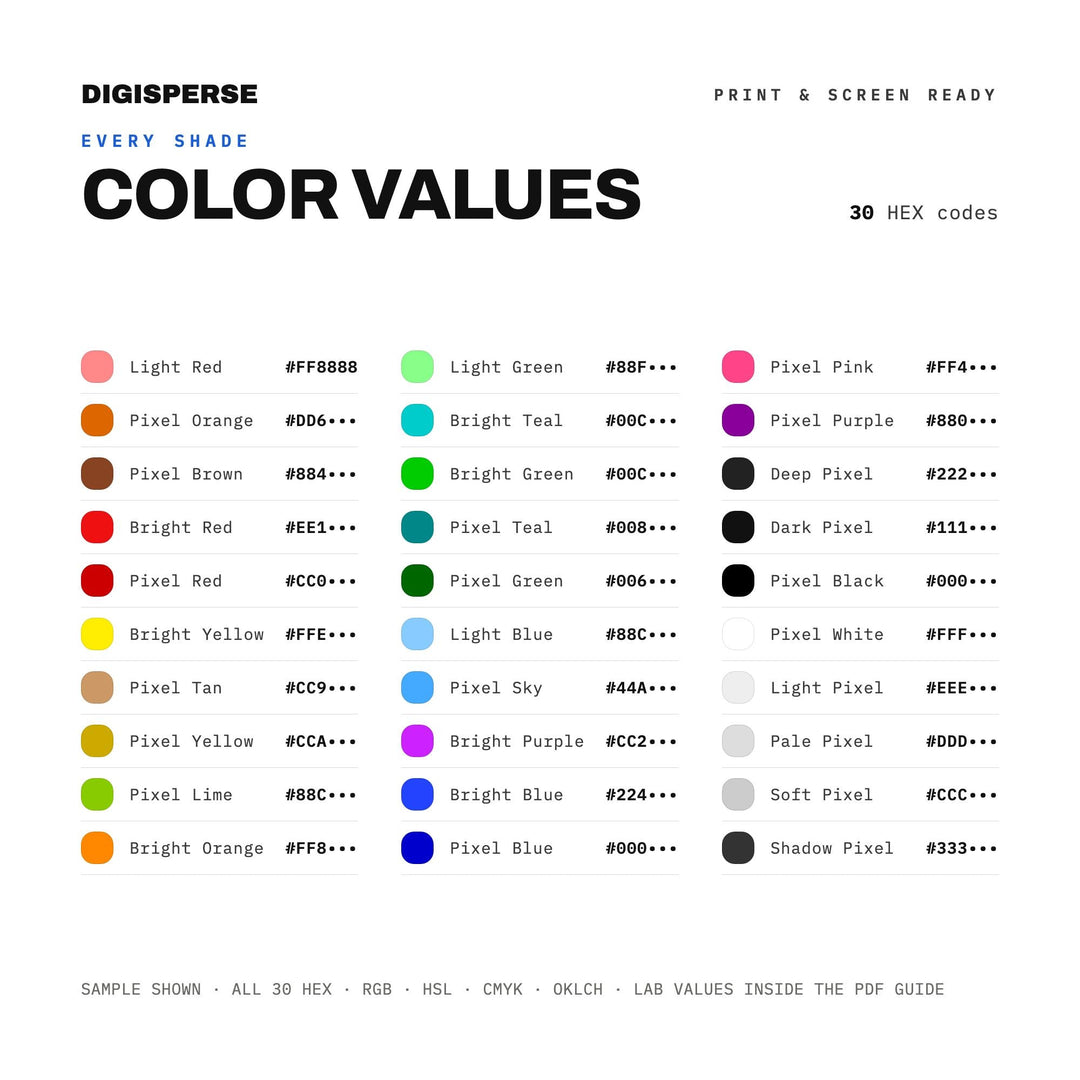 Pixel Perfect Color Palette | 30 Retro Digital Colors, Procreate, ASE (Digital Download)
