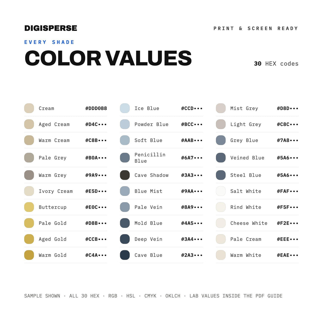 Blue Cheese Color Palette | 30 Colors | Hex RGB CMYK | Color Guide | Procreate Swatches + ASE | Digital Download