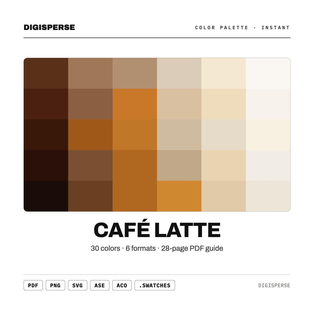 Café Latte Color Palette | 30 Colors | Hex RGB CMYK | Color Guide | Procreate Swatches + ASE | Digital Download