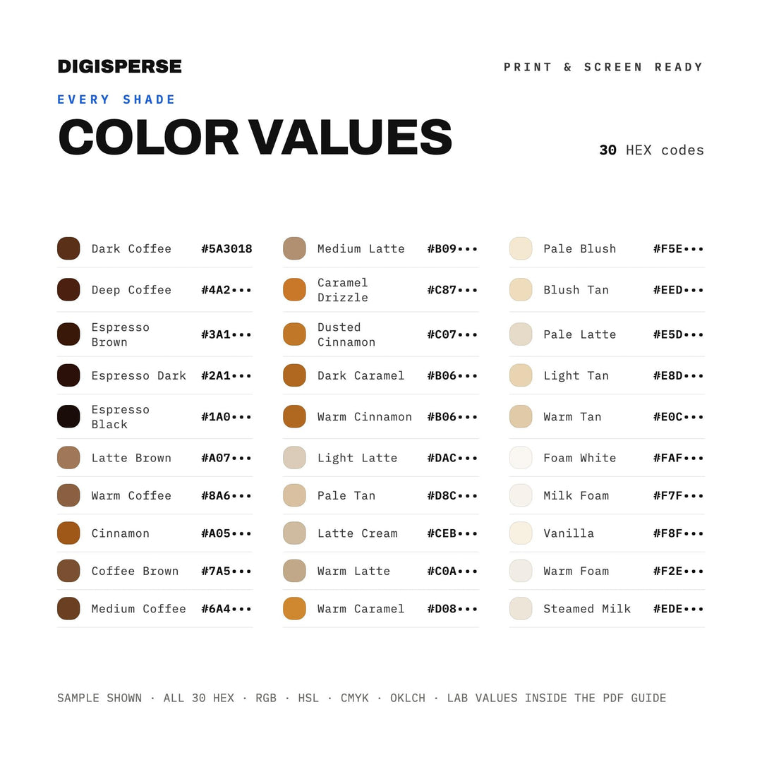 Café Latte Color Palette | 30 Colors | Hex RGB CMYK | Color Guide | Procreate Swatches + ASE | Digital Download