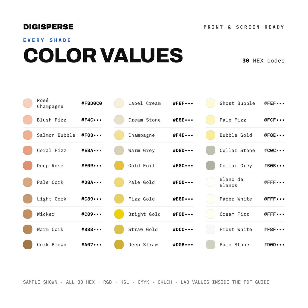 Sparkling Gold Color Palette for Celebration Art and Elegant Wedding Branding, 30 Champagne Fizz Hues, Procreate Swatches, Hex Codes