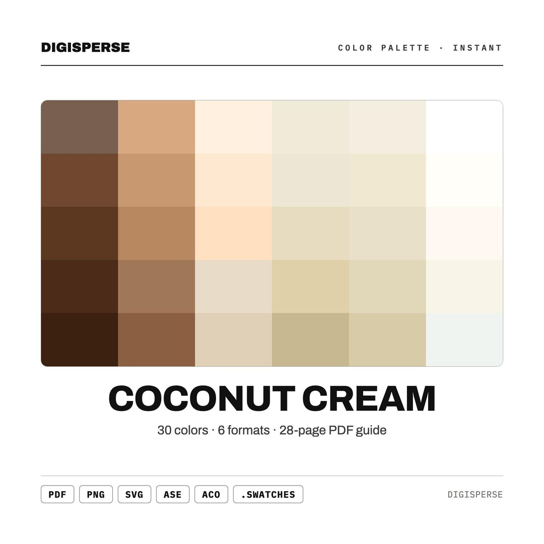 Coconut Cream Color Palette | 30 Colors | Hex RGB CMYK | Color Guide | Procreate Swatches + ASE | Digital Download