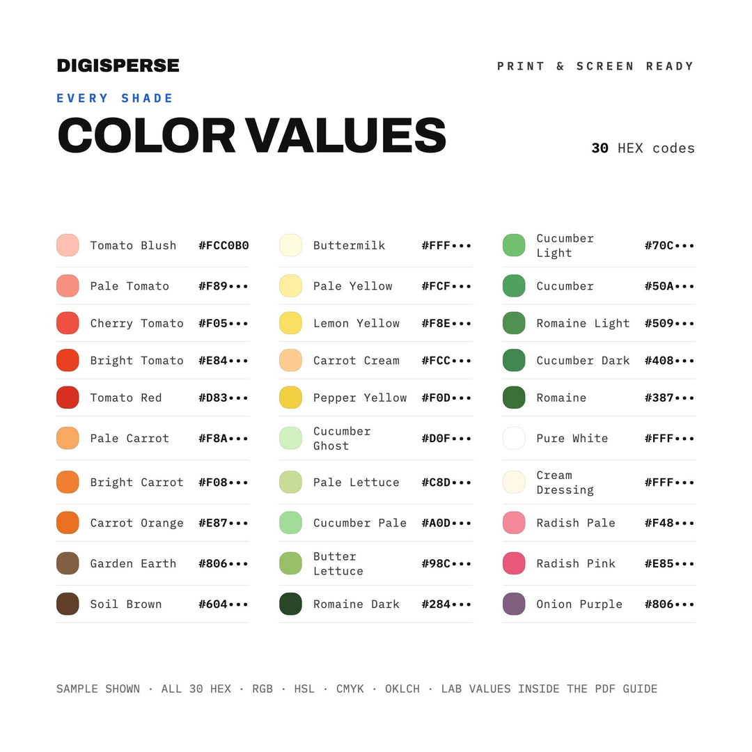 Garden Salad Color Palette | 30 Colors | Hex RGB CMYK | Color Guide | Procreate Swatches + ASE | Digital Download