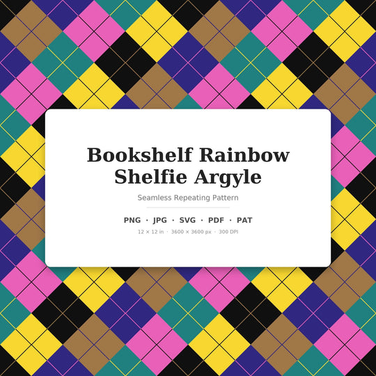 Rainbow Bookshelf Argyle Digital Paper for Bookish Craft Projects, Seamless Colorful Diamond Check for Fabric and Scrapbooking