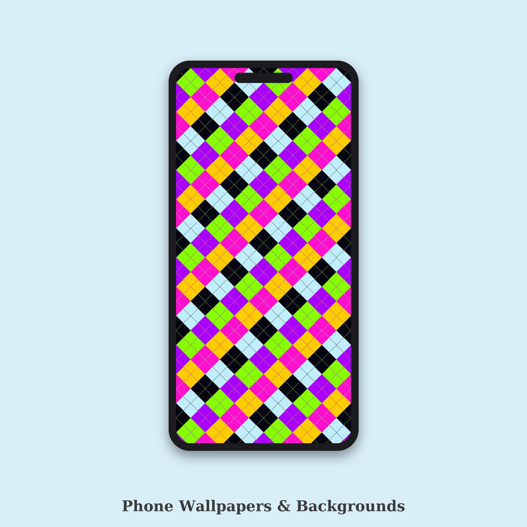 Bright Synthwave Argyle Digital Paper for Y2K Craft Projects, Seamless Electric Diamond Grid for Fabric and Party Printables