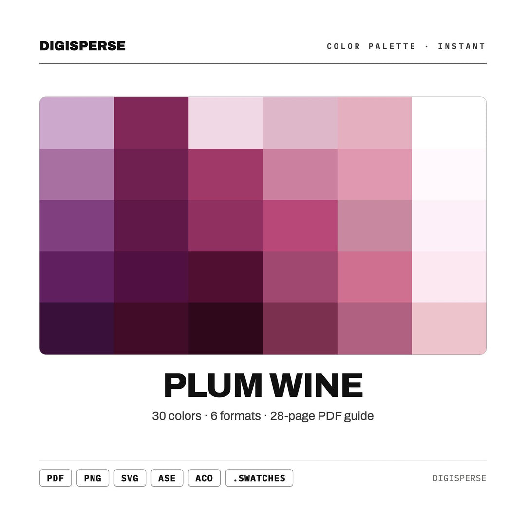Plum Wine Color Palette | 30 Colors | Hex RGB CMYK | Color Guide | Procreate Swatches + ASE | Digital Download