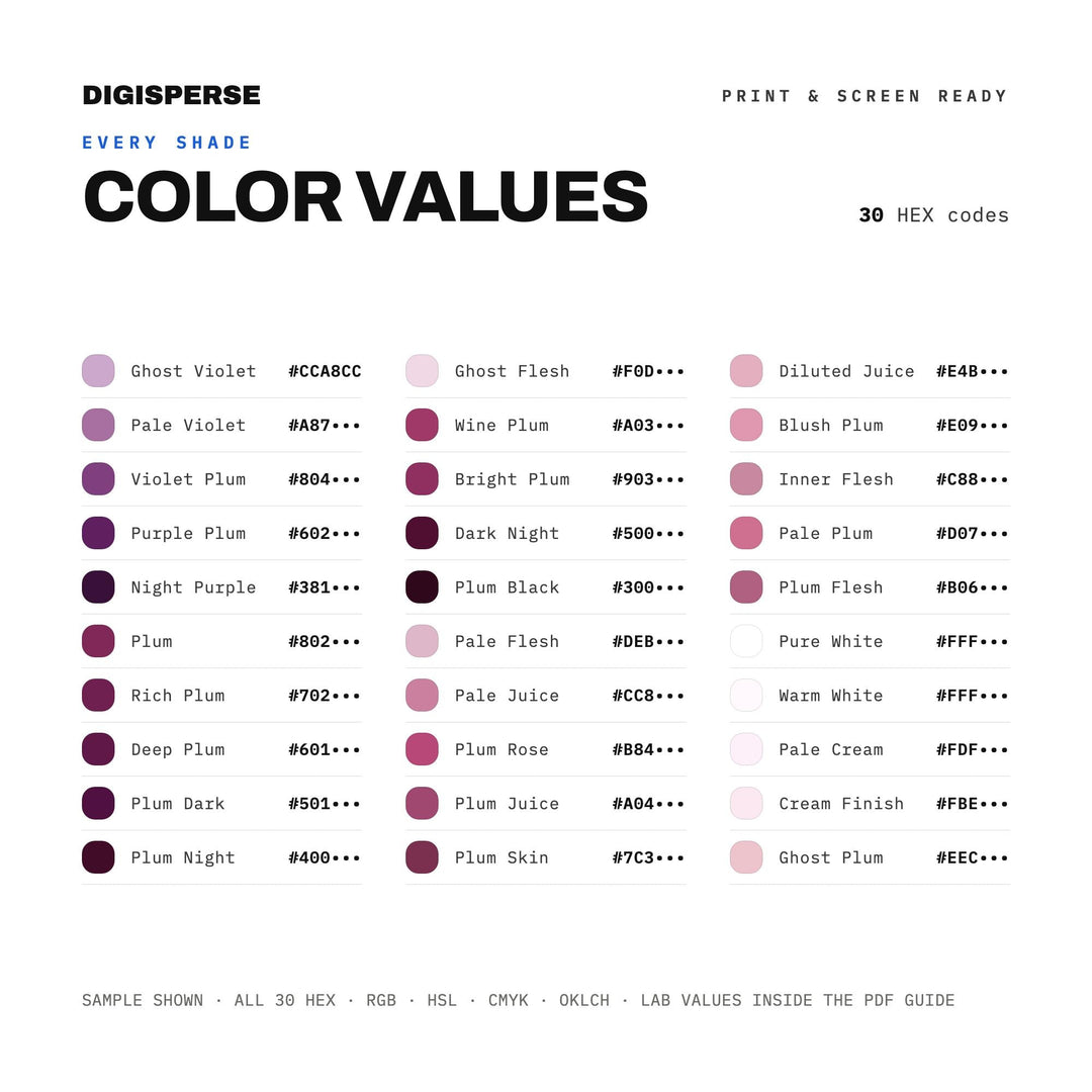 Plum Wine Color Palette | 30 Colors | Hex RGB CMYK | Color Guide | Procreate Swatches + ASE | Digital Download