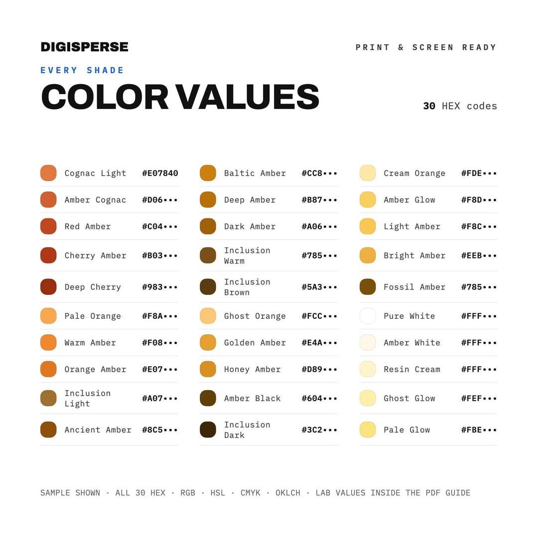 Amber Color Palette | 30 Colors | Hex RGB CMYK | Color Guide | Procreate Swatches + ASE | Digital Download