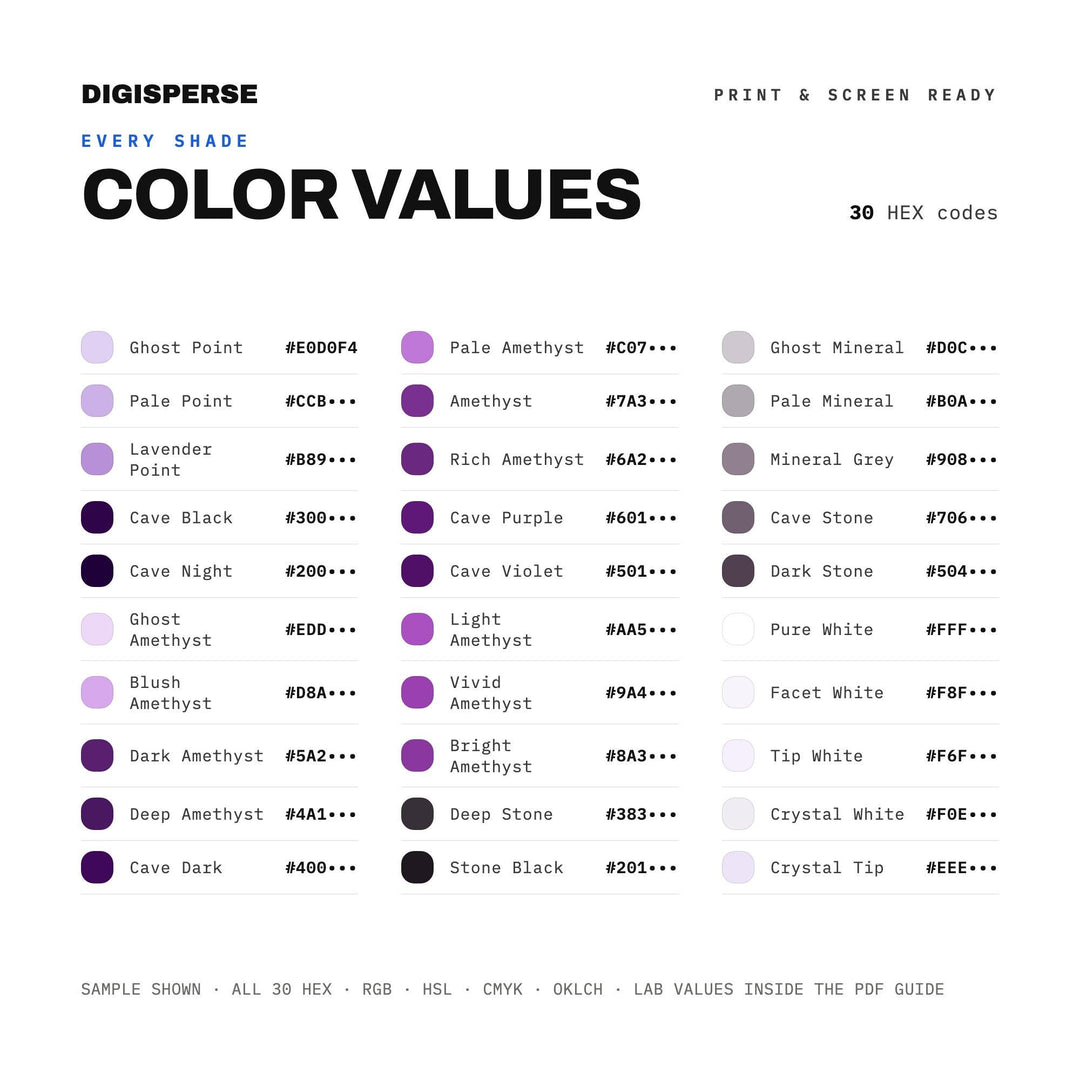 Amethyst Cave Color Palette | 30 Colors | Hex RGB CMYK | Color Guide | Procreate Swatches + ASE | Digital Download
