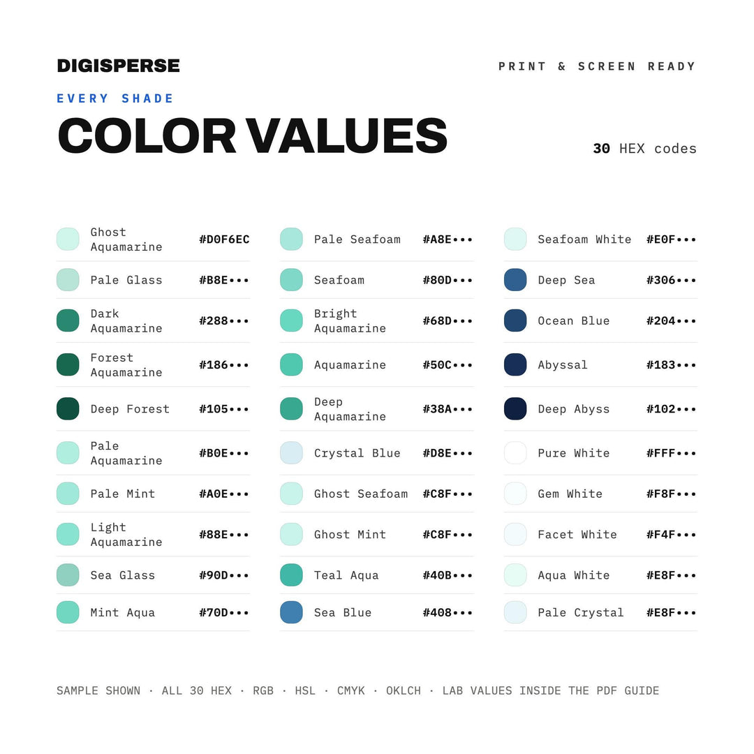 Aquamarine Color Palette | 30 Colors | Hex RGB CMYK | Color Guide | Procreate Swatches + ASE | Digital Download