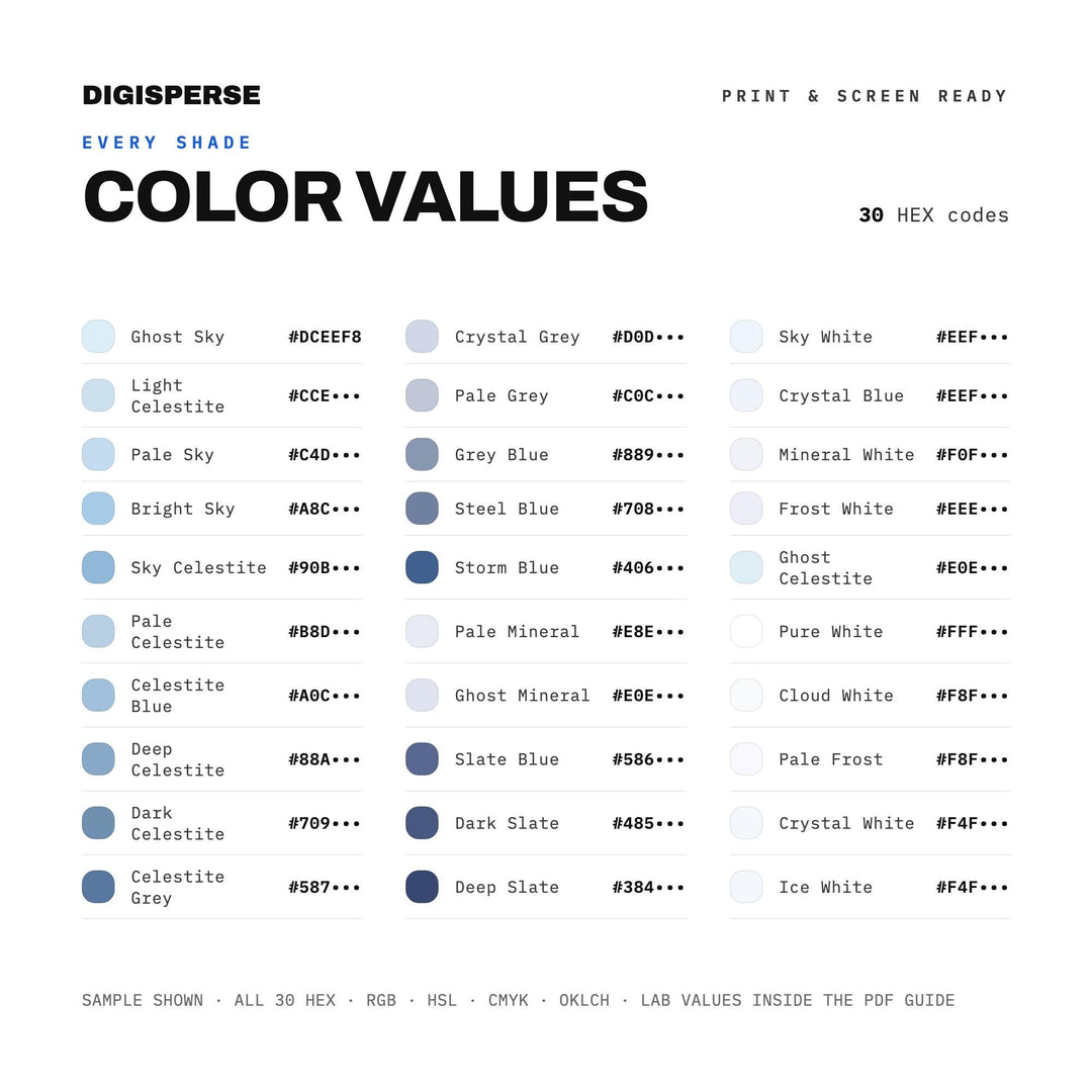 Celestite Color Palette | 30 Colors | Hex RGB CMYK | Color Guide | Procreate Swatches + ASE | Digital Download