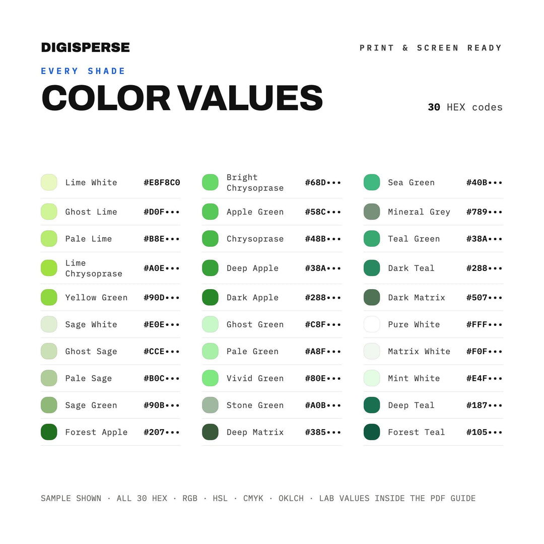 Chrysoprase Color Palette | 30 Colors | HEX RGB CMYK | Procreate Swatches | Digital Download