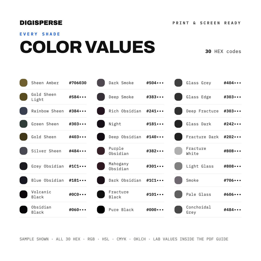 Dark Obsidian Color Palette | 30 Colors | Hex RGB CMYK | Color Guide | Procreate Swatches + ASE | Digital Download