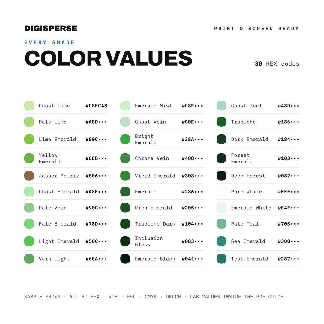 Emerald City Color Palette | 30 Colors | Hex RGB CMYK | Color Guide | Procreate Swatches + ASE | Digital Download