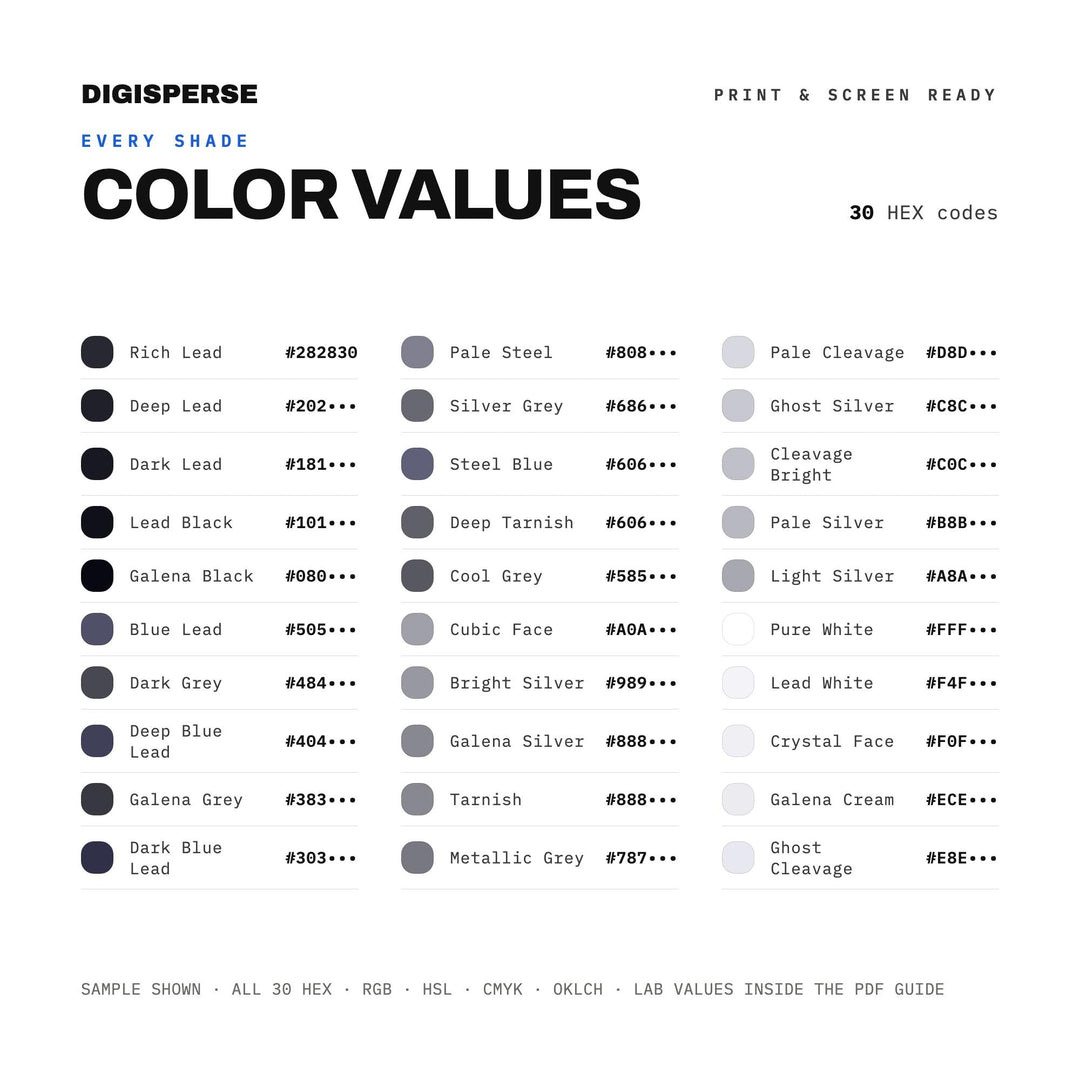 Galena Color Palette | 30 Colors | Hex RGB CMYK | Color Guide | Procreate Swatches + ASE | Digital Download
