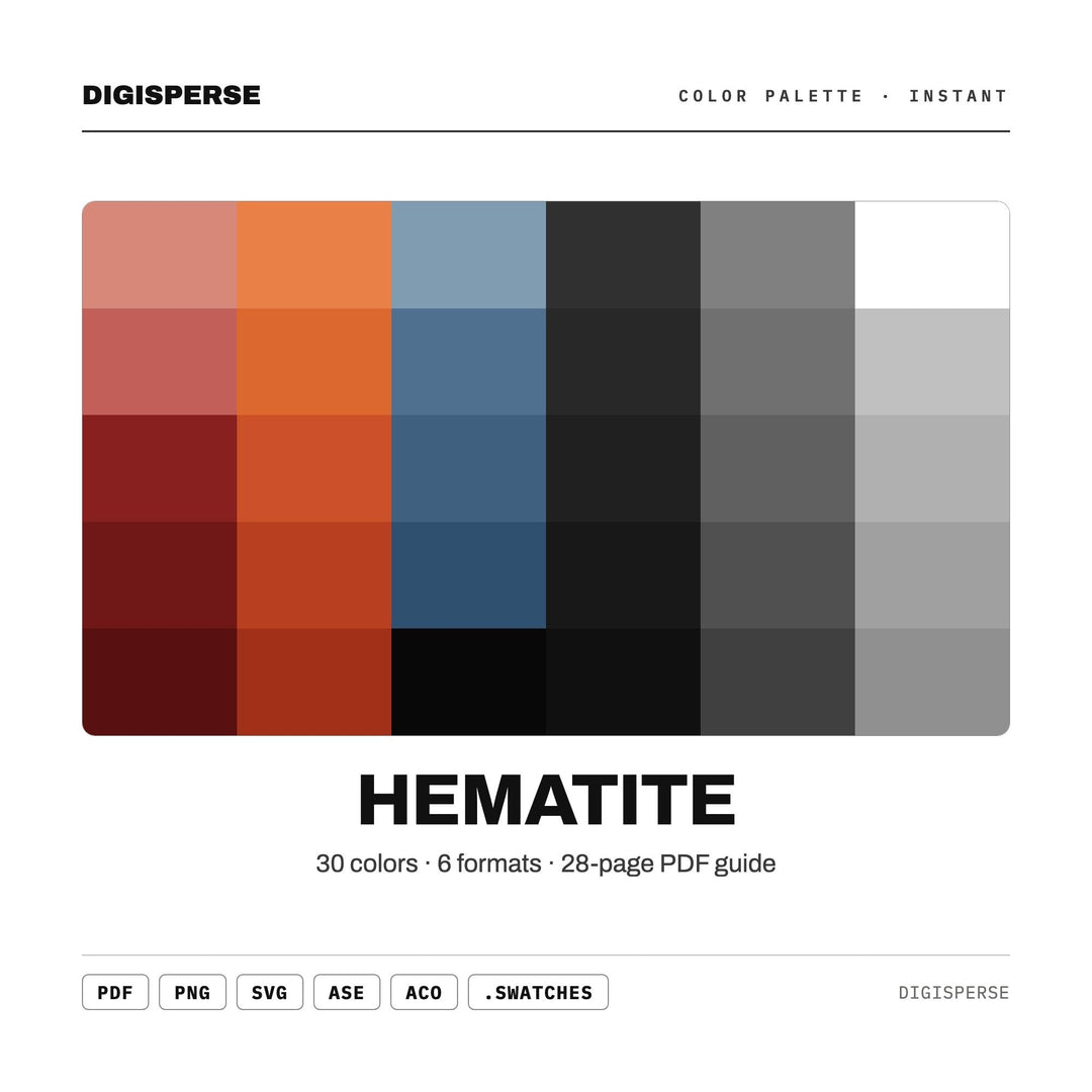 Metallic Grey Color Palette for Industrial Mineral Art and Sleek Branding, 30 Hematite Iron Hues, Procreate Swatches, Hex Codes