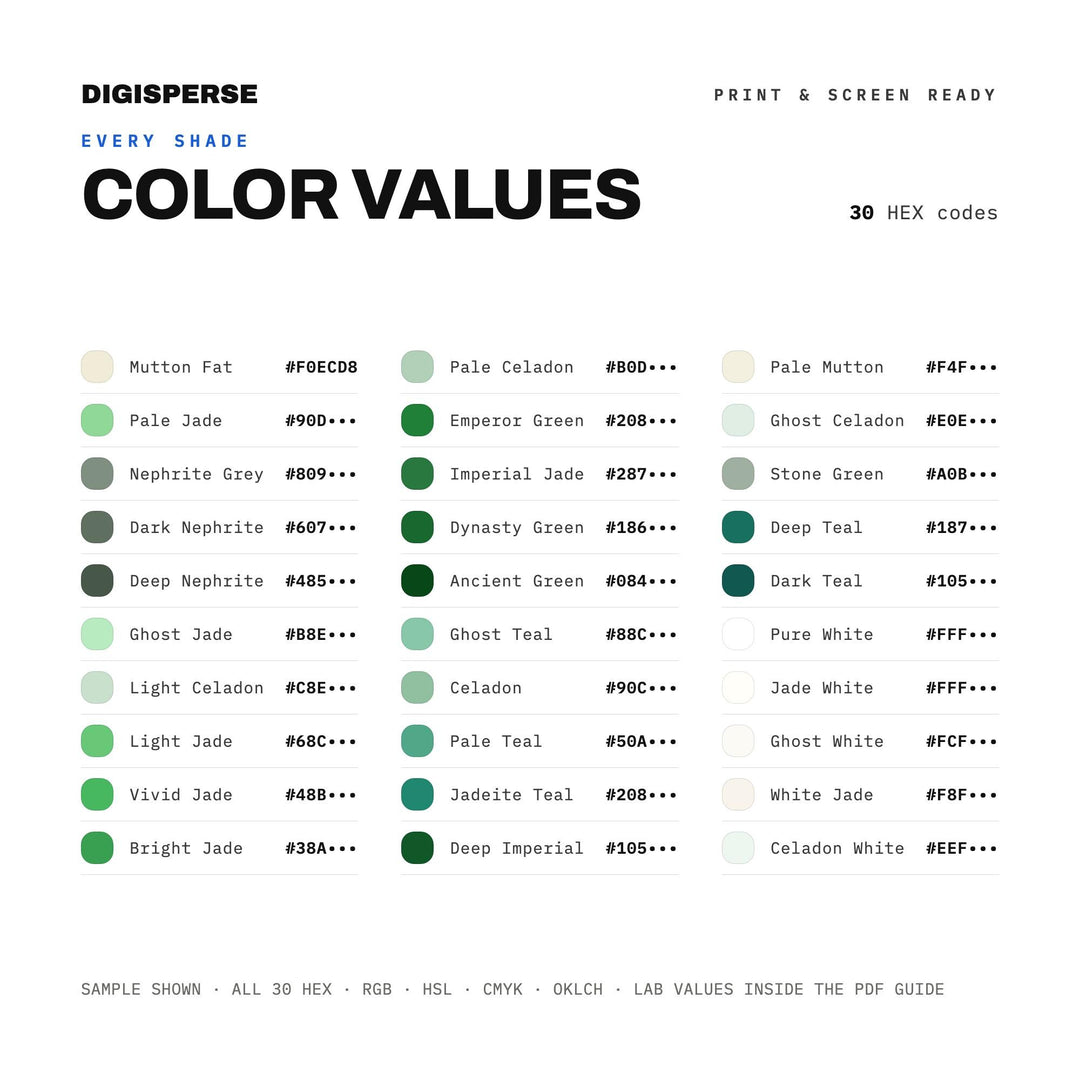 Jade Dynasty Color Palette | 30 Procreate Swatches, ASE Guide (Digital Download)