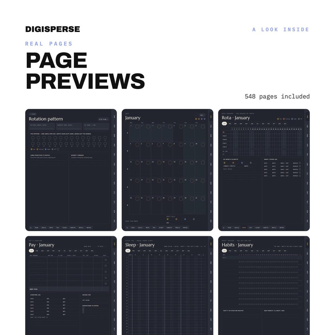 Night Shift Planner 2027 Dated | Dark Mode Digital PDF, 548 Hyperlinked Pages | Rotation, Pay + Sleep Trackers | 3 Week Starts Included