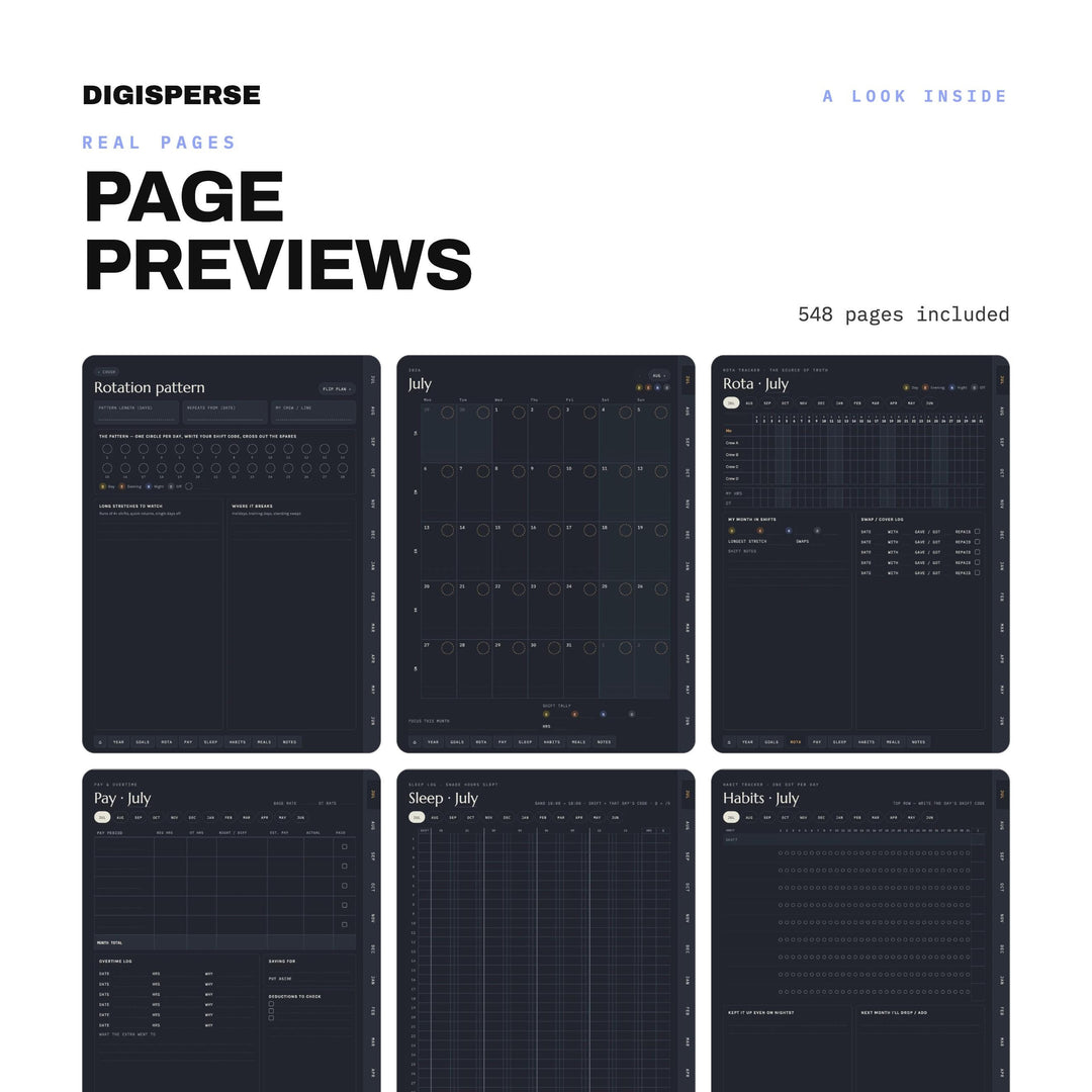 Night Shift Planner 2026-2027 – Dark Mode Digital PDF, Hyperlinked Pages