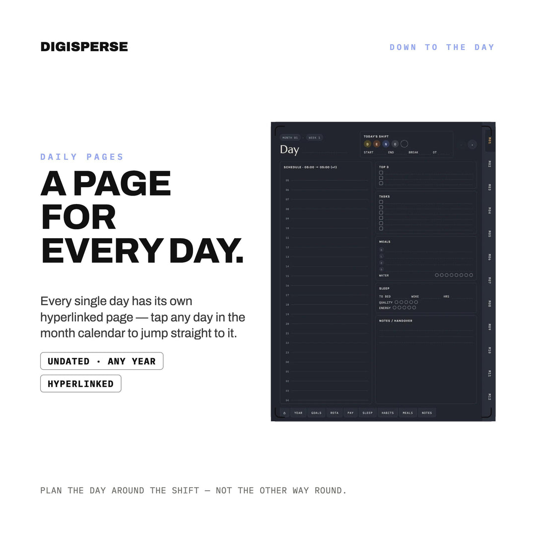 Undated Night Shift Planner | Dark Mode Digital PDF, 548 Hyperlinked Pages | Rotation, Pay + Sleep Trackers | Start Any Week of Any Year