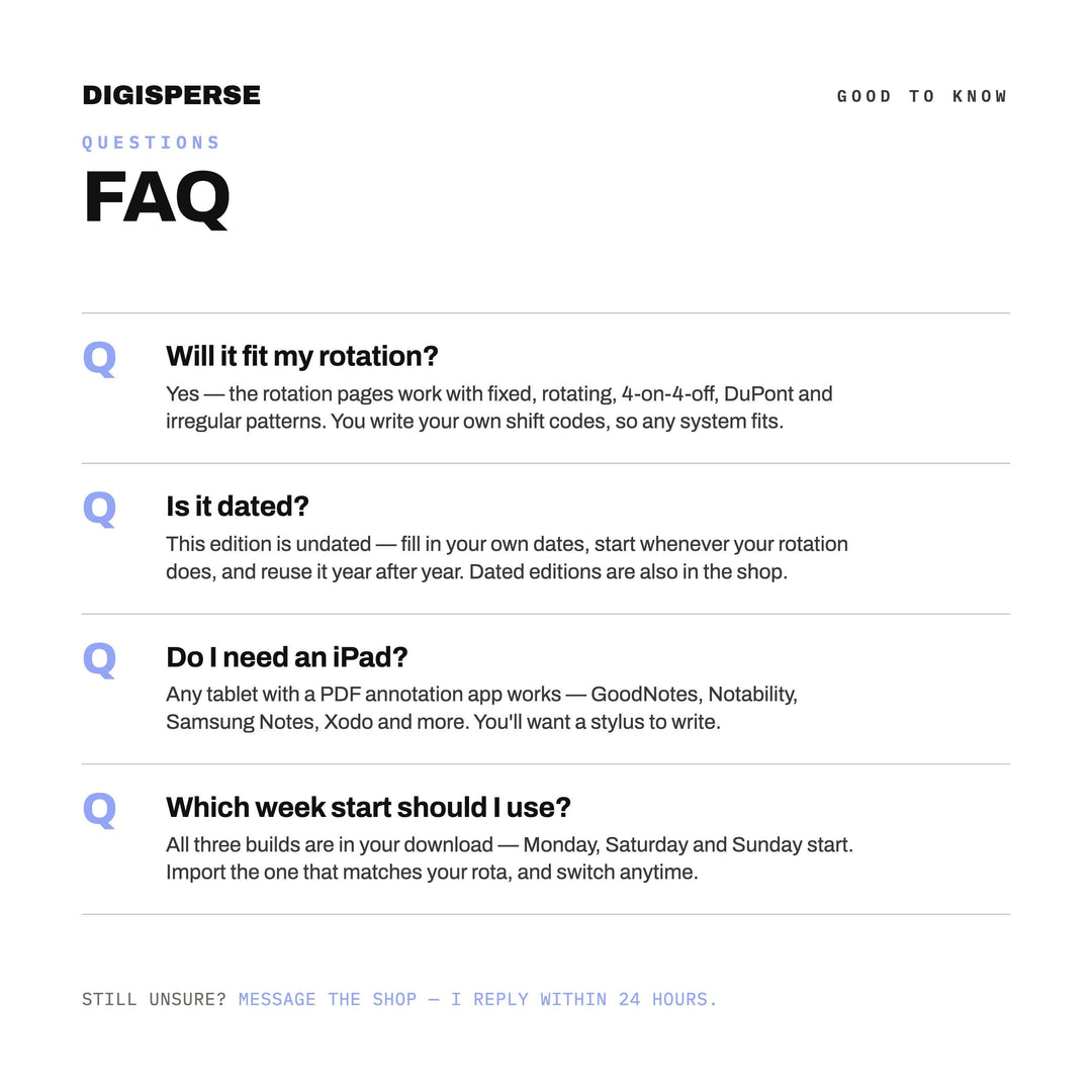 Undated Night Shift Planner | Dark Mode Digital PDF, 548 Hyperlinked Pages | Rotation, Pay + Sleep Trackers | Start Any Week of Any Year